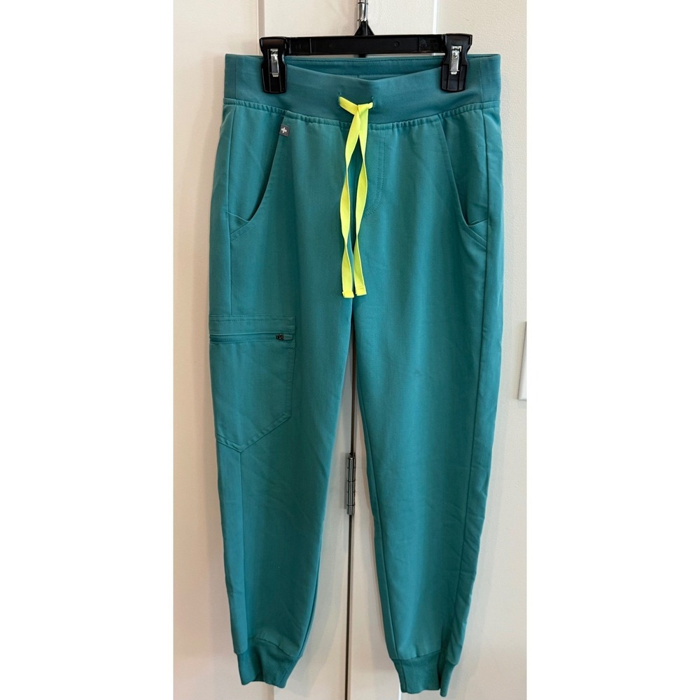 FIGS Zamora Jogger Scrub Pants Teal Green Neon Yellow Drawstring Womens XXS/P